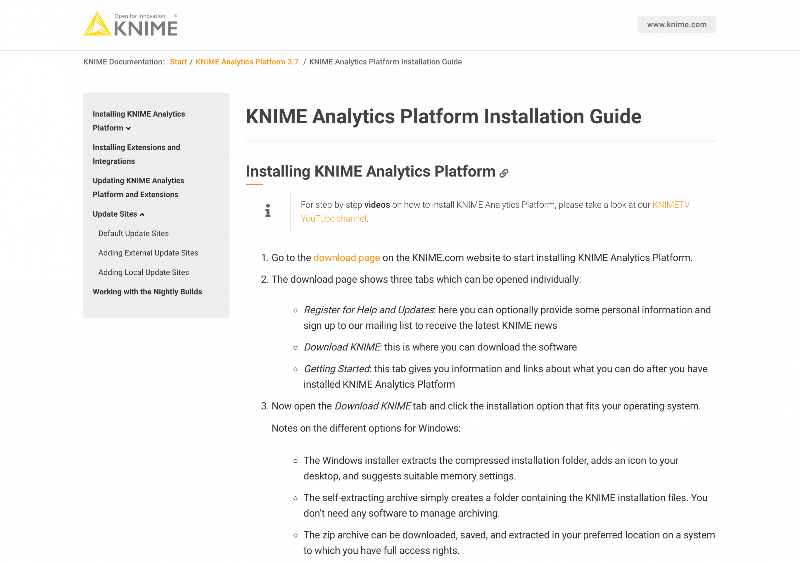 KNIME documentation website content