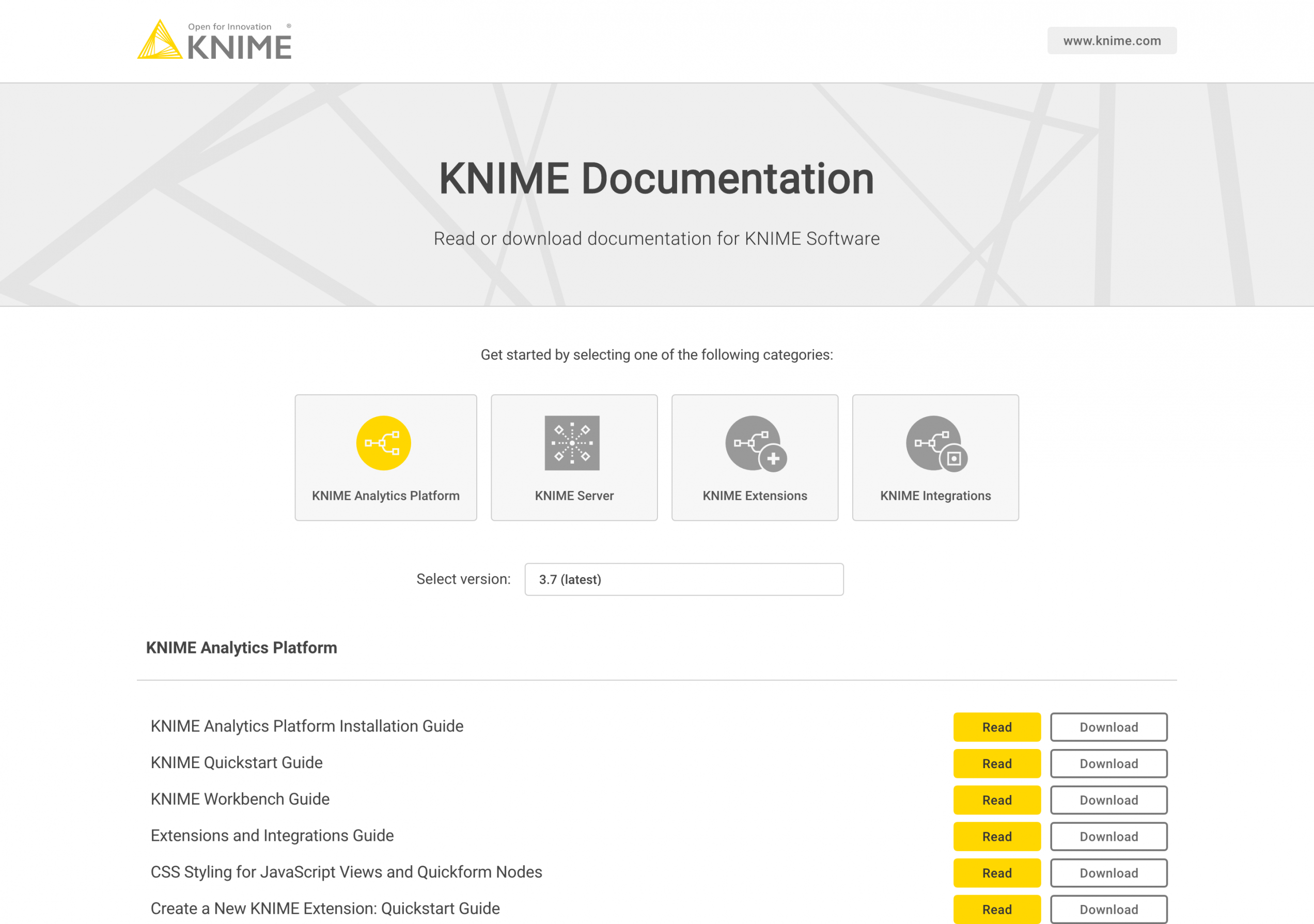KNIME documentation website startpage