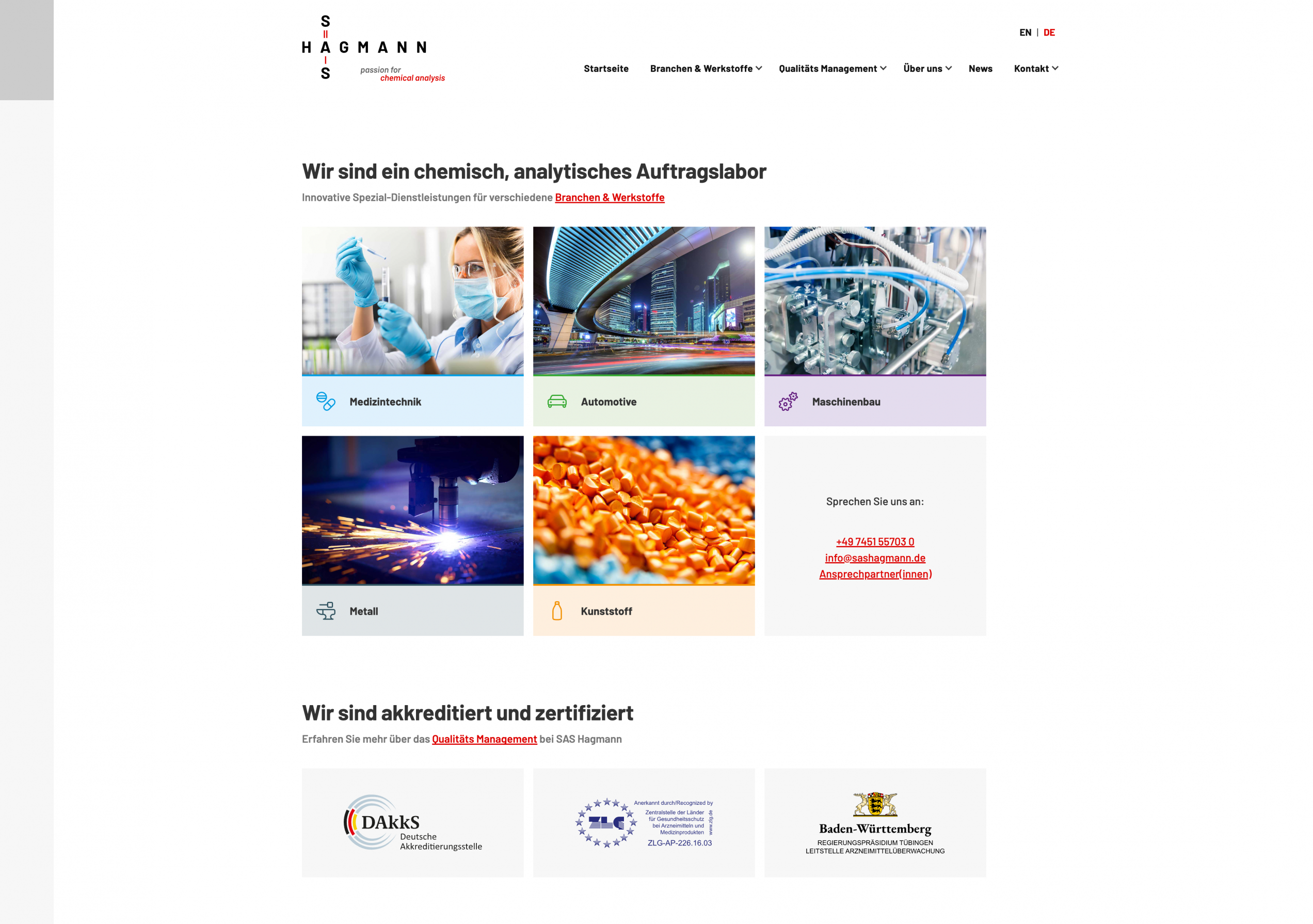 SAS Hagmann homepage with target group tiles