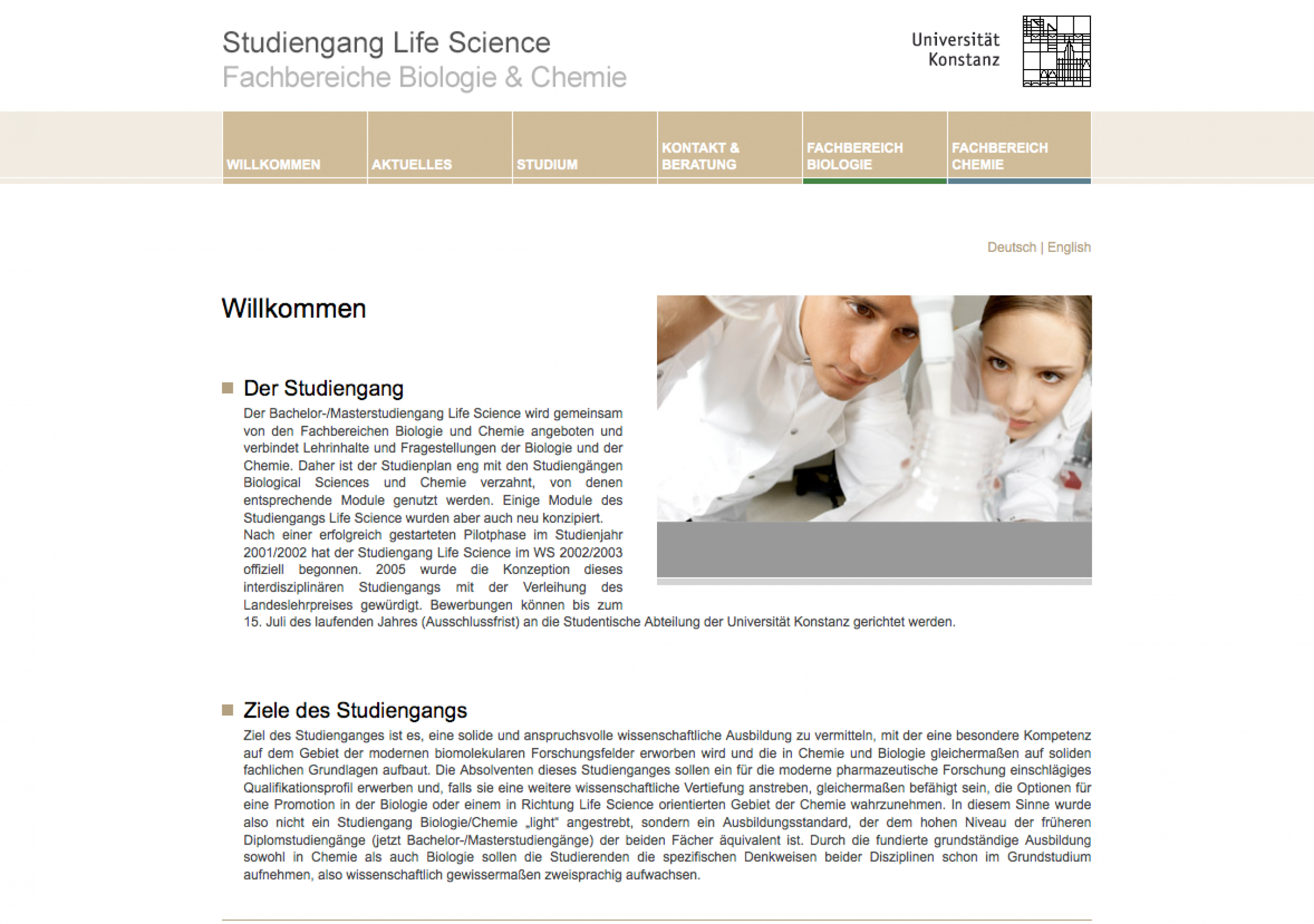Website Uni Konstanz Studiengang Life Science