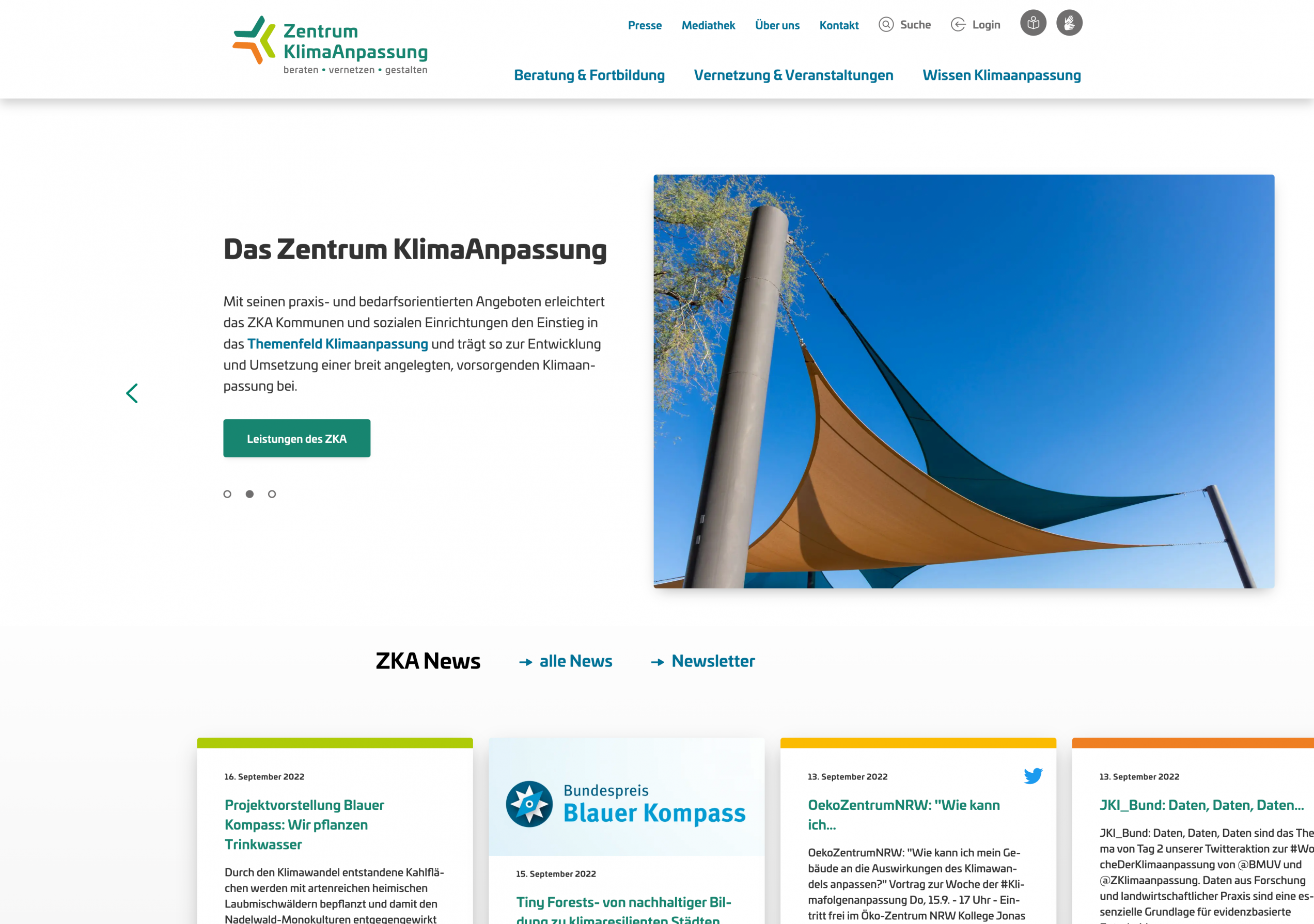 Screenshot: Startseite des Zentrum KlimaAnpassung