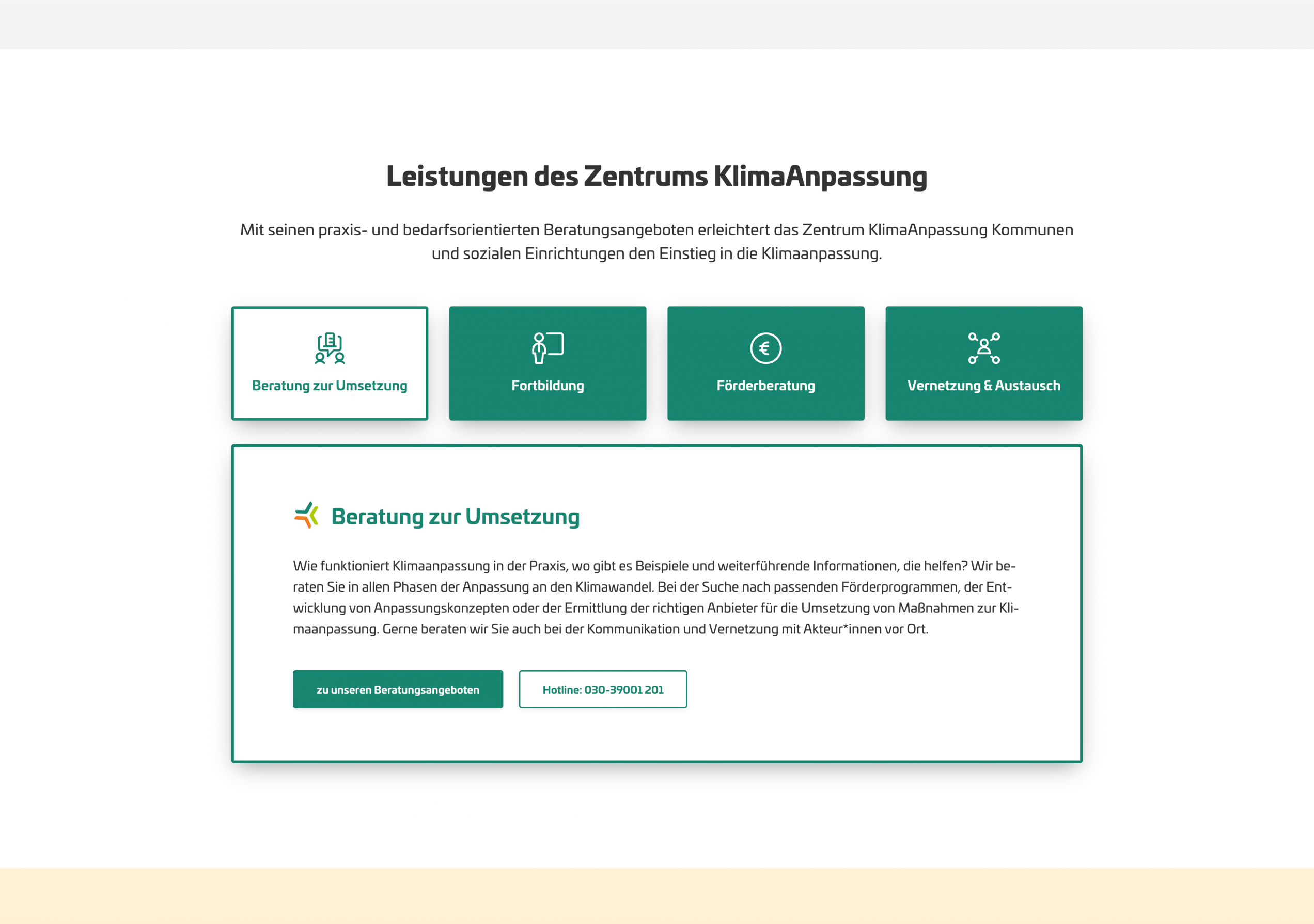 Screenshot: Leistungsübersicht des Zentrum KlimaAnpassung