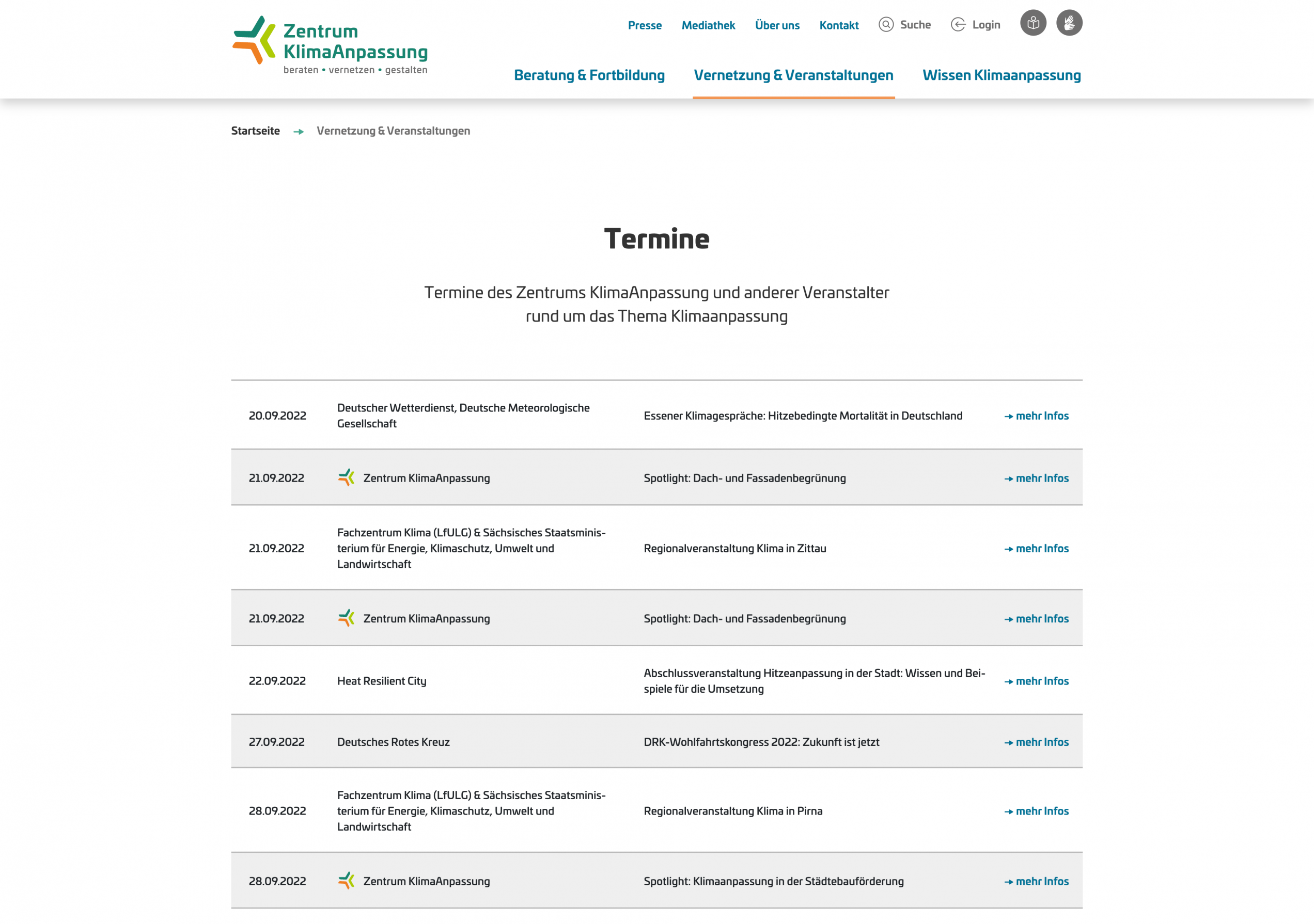 Screenshot: Veranstaltungen des Zentrum KlimaAnpassung