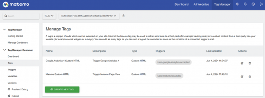 Screenshot des Matomo Tag Managers mit zwei definierten Tags