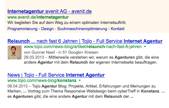 Der Screenshot zeigt die Autorenintegration bei Google in den Suchergebnissen