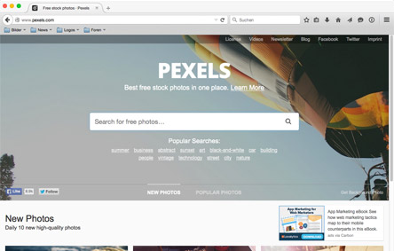 Screenshot der Website Pexels