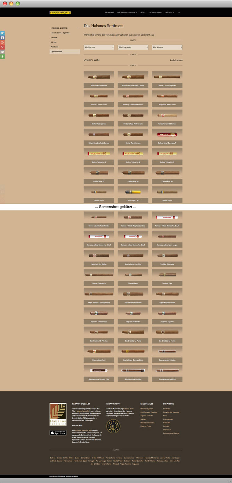 Screenshot Zigarrenfinder Web-Applikation mit allen Produkten
