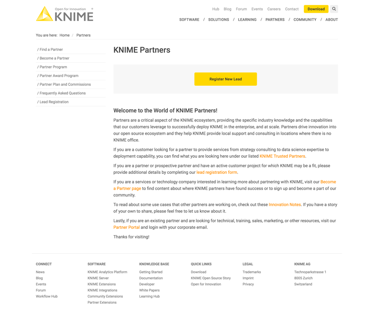 KNIME Partner Section: Call to Action Button for Partner Lead Registration