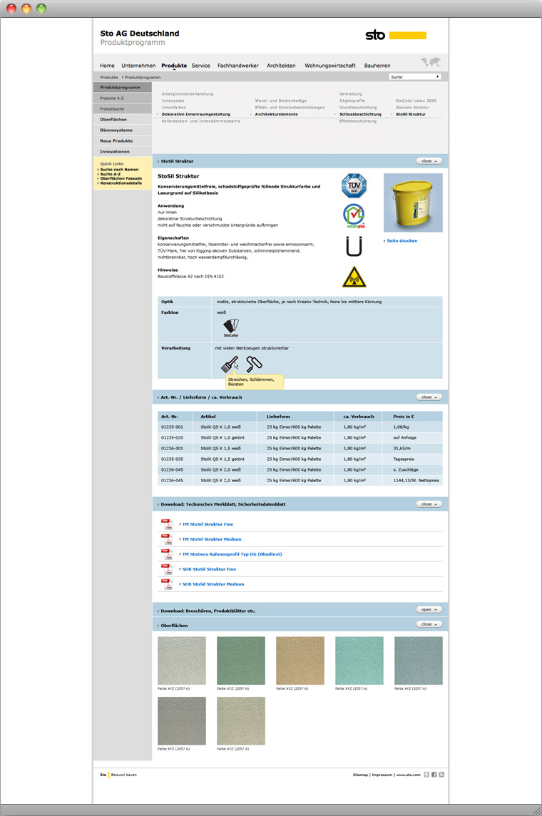 Screenshot Sto Website Produktnavigation mit dem Sto Explorer