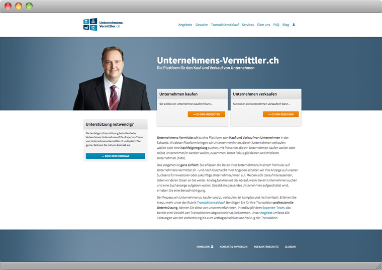 Screenshot der Startseite von Unternehmen-Vermittler.ch
