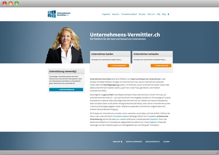 Screenshot der Startseite von Unternehmen-Vermittler.ch