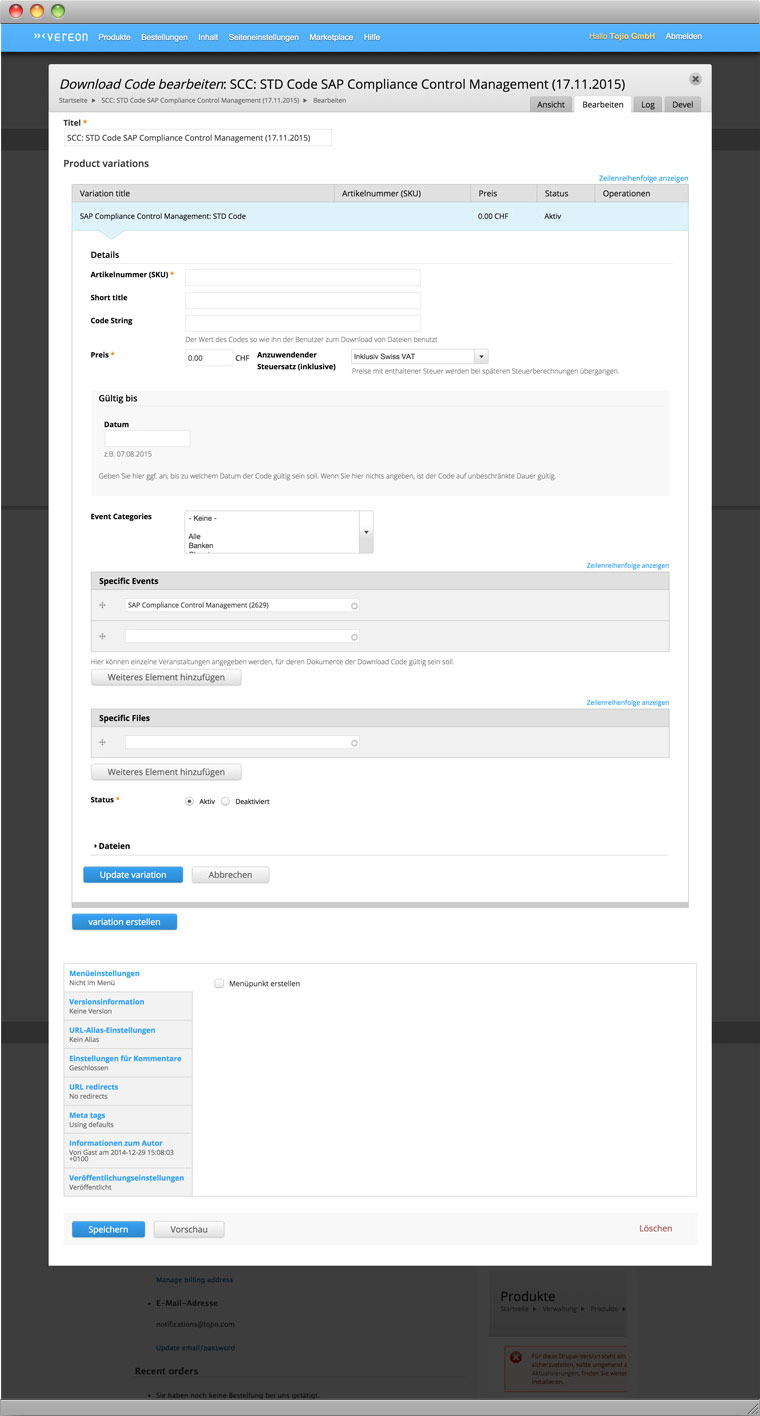 Screenshot Drupal Backend der Verwaltung für Downloadcodes